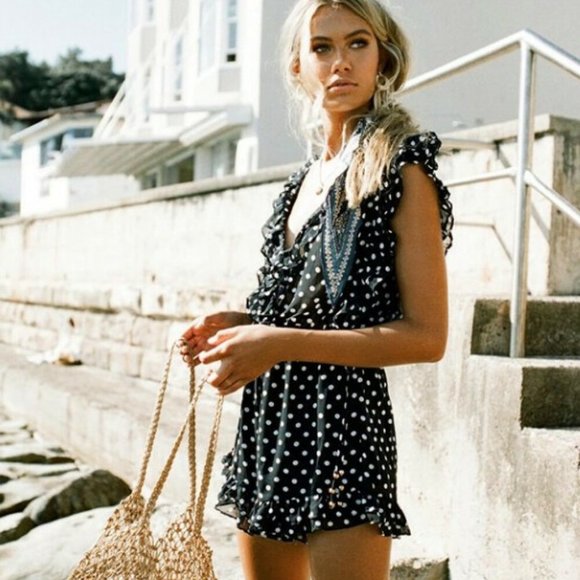 SABO SKIRT Eryka Speck Polka Dot Ruffle Sleeveless V Neck Romper Onesie Playsuit - Picture 9 of 10